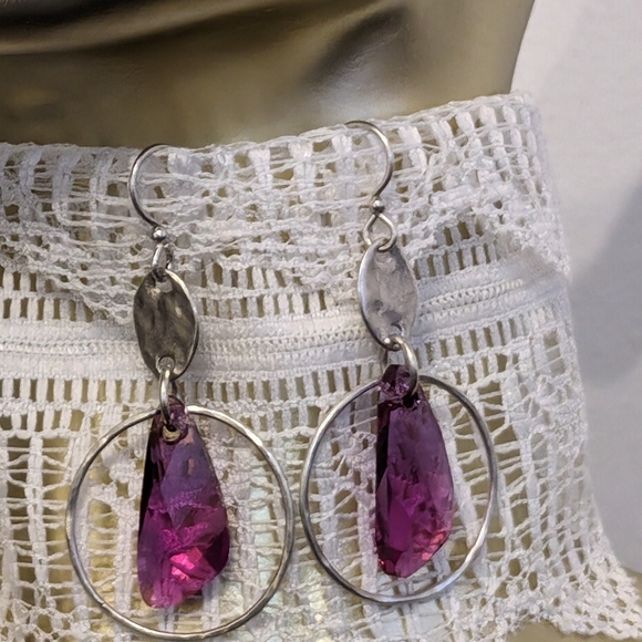 Sterling Silver Fushia Pink Crystal Earrings, Formal Dangle Earrings - Picture 3 of 4